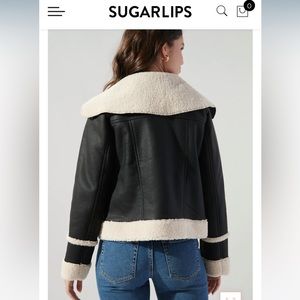 NWT Sugarlips Black Sheepskin style Leather Ember Jacket with Sheerling Trim